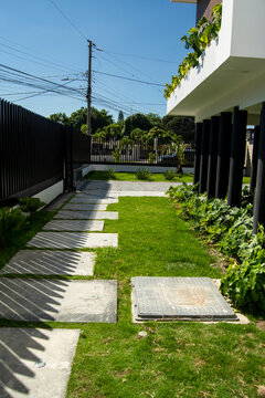 jardin limpio con arbustos y cesped verde 