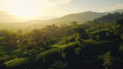 A sprawling tea plantation with workers handpicking tea leaves