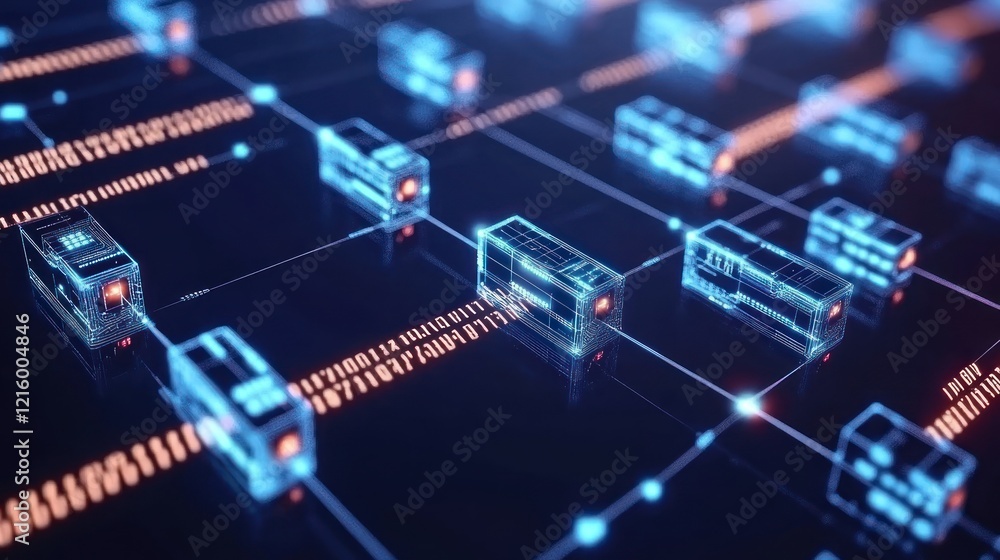 Poster digital blocks network futuristic blue glowing data stream