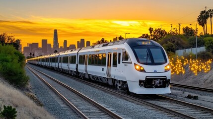 Naklejka premium Scenic View of a Modern Train Traveling through Urban Landscape at Sunset with Vibrant Sky Colors and City Skyline in the Background