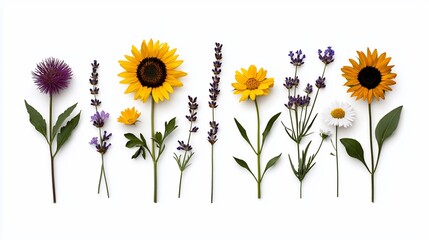 Naklejka premium Colorful wildflowers arranged on white background.