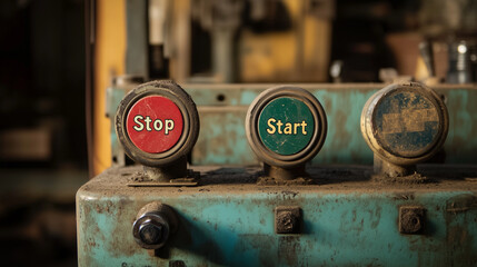 Start and stop buttons on machine control panel with vintage style and dust