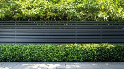 Modern Gray Fence with Lush Green Hedge and Bushes
