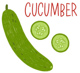 A cucumber, cucumber slices and lettering