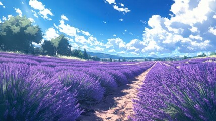 A lavender farm with rows of vibrant purple flowers stretching into the horizon