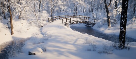 A snow covered bridge crosses a small creek in a forest during the winter season