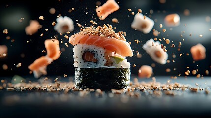 Delicious salmon sushi rolls, sesame seeds falling, dark background, food photography