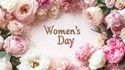 A stunning display for Women's Day showcases a banner surrounded by delicate pastel flowers, signifying love and appreciation on March 8