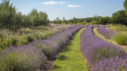 A lavender farm with rows of vibrant purple flowers stretching into the horizon