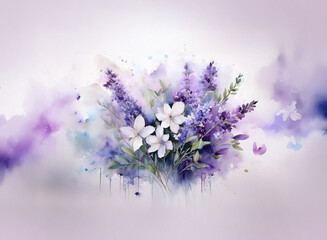 Delicate watercolor painting of lavender and white flowers.  Soft purple and blue hues blend into a dreamy background.  Butterflies add a touch of whimsy.