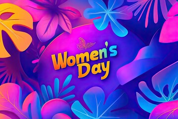 A colorful banner designed for Women's Day features bold lettering that reads Women's Day surrounded by tropical foliage. This festive display captures the spirit of March 8