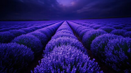 A lavender farm with rows of vibrant purple flowers stretching into the horizon