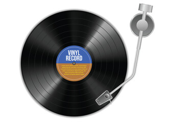 Set illustration of black vinyl record spinning on a turntable, ready to play some classic tunes. The record label features the words "VINYL RECORD" in a blue and brown design.
