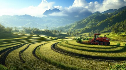 A modern rice paddy with advanced machinery planting and harvesting