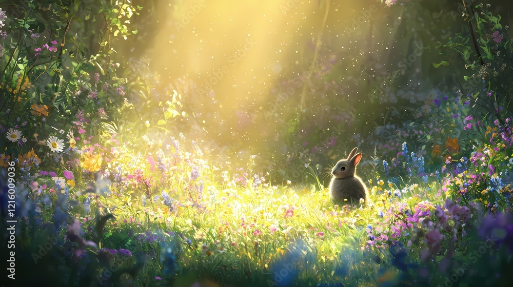 Poster rabbit in a sunlit meadow with wildflowers golden light and bokeh effect in a fantasy setting