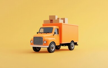 A 3D-rendered cartoon-style orange delivery truck with boxes on the roof, viewed from the front in an isometric perspective. 