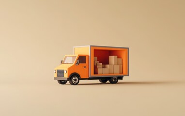 A 3D rendering of a cartoon-style warehouse and truck in an isometric view, using an orange color palette. 