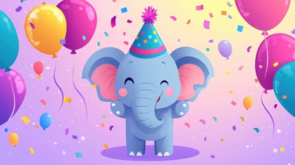 Naklejka premium Festive Elephant Celebration with Colorful Balloons and Confetti on a Gradient Background