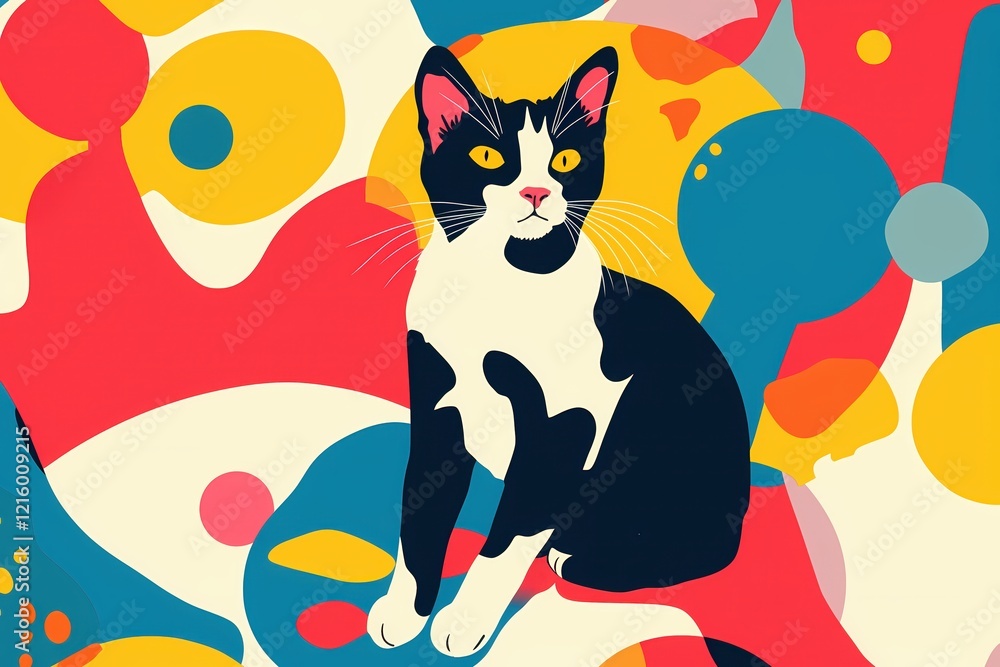 Poster black and white cat sits against a vibrant abstract background with colorful shapes and forms