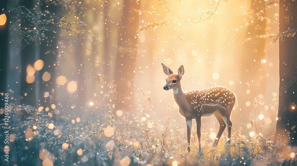Poster Fawn standing in a forest with bokeh light spots and a soft golden glow in the background