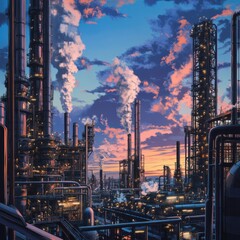 Fototapeta premium Sunset over Industrial Complex: A Breathtaking Panorama of a Refinery at Dusk