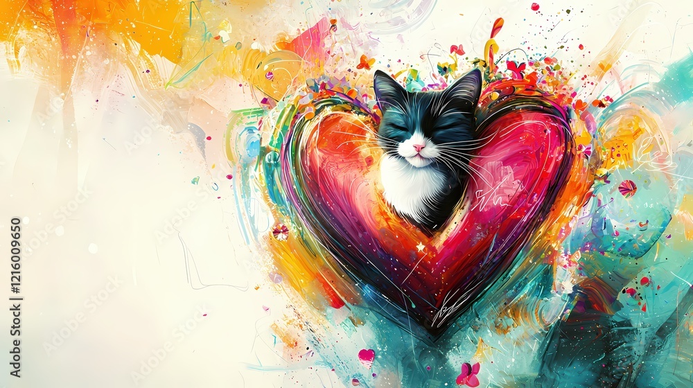 Poster cat inside heart shape with colorful abstract background in artistic digital painting style
