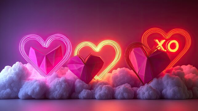 Romantic creative set of Happy Valentine's Day cards: Featuring realistic 3D origami paper hearts over clouds, heart-shaped and XO neon symbols. I