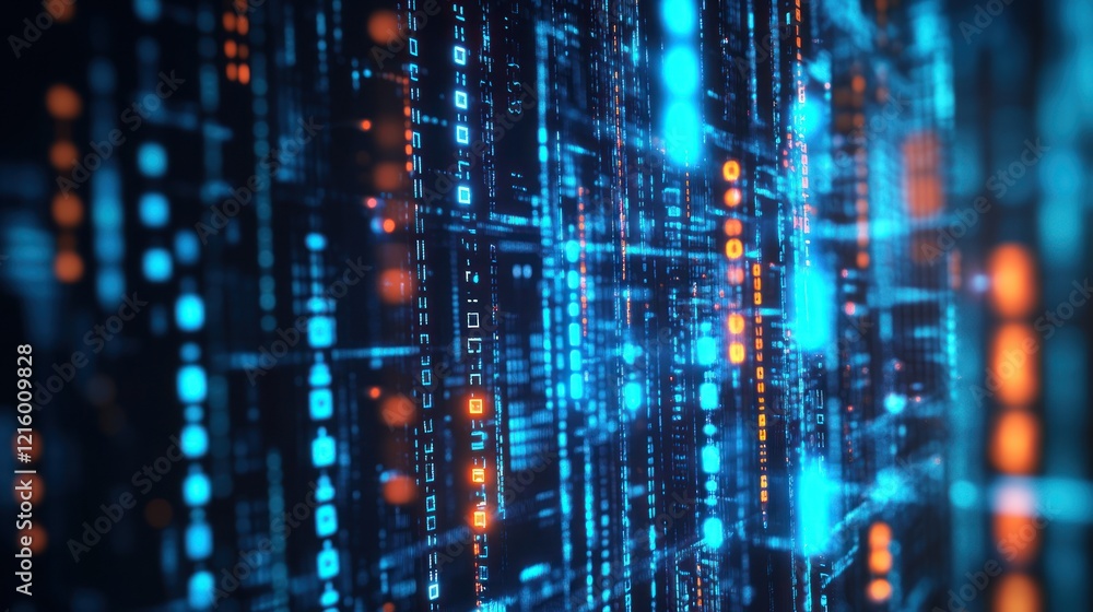 Poster digital data stream blue orange glowing matrix abstract background