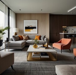  Explore the allure of a modern living room with stylish interior design, featuring clean lines, minimalist decor, and pops of color. AI image generation