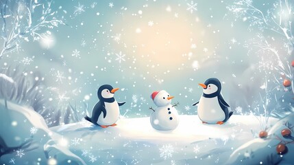 Fototapeta premium Winter Wonderland Two Penguins and a Snowman Amidst Falling Snowflakes in Soft Light