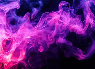 Abstract image of swirling smoke like formations in vivid pink, purple and blue colors on a black background