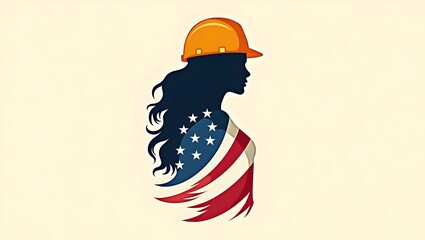 Retro-style illustration of a female worker, reminiscent of Rosie the Riveter, with an American flag backdrop. Perfect for Labor Day, women's empowerment, and US manufacturing themes.
