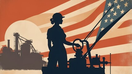 Retro-style illustration of a female worker, reminiscent of Rosie the Riveter, with an American flag backdrop. Perfect for Labor Day, women's empowerment, and US manufacturing themes.