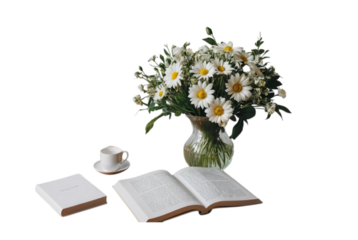 A vase with flowers and a white book on the table PNG