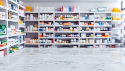 Empty marble table pharmacy blurred background Empty pharmacy counter with colorful medication shelves Pharmacy dispensing counter, stocked pharmacy shelves, medication dispensing area,shelf,book, bac