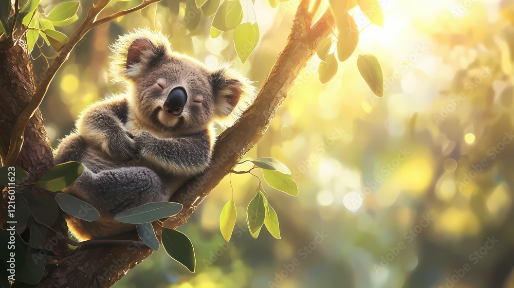Poster koala resting on a tree branch with sunlight filtering through leaves in a serene nature scene