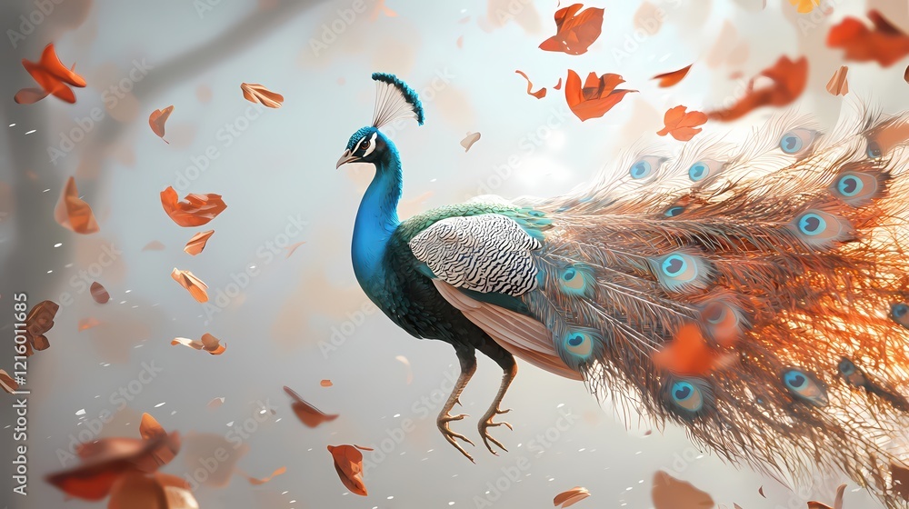 Poster peacock with falling leaves in a soft light setting with a beautiful plumage and elegant style