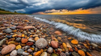 Serene Coastal Landscape at Dusk with Colorful Pebbles, Gentle Waves, and Dramatic Cloudy Sky Reflection over Calm Water Horizon