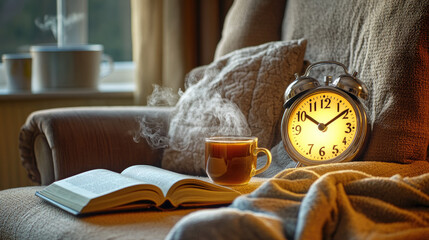 A cozy living room scene with a glowing alarm clock and tea, symbolizing a calming bedtime routine for healthy sleep habits.