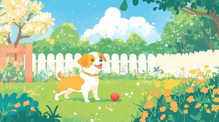 Fototapeta premium Happy dog playing with a red ball in a sunny garden with flowers and white fence illustration