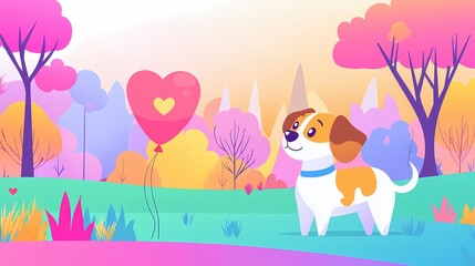 Fototapeta premium Cartoon dog with heart balloon in colorful park scene with trees and plants in bright hues