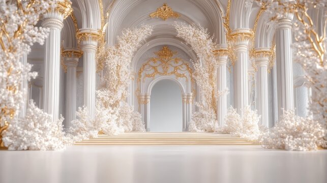 Opulent white and gold architecture with flowering vines creating an enchanting space
