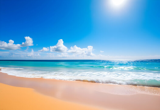 Aerial view of tropical paradise, pristine turquoise ocean, golden sandy beach, lush green coastline, bright sunlight, fluffy white clouds, vibrant blue sky, crystal clear water, summer vacation desti