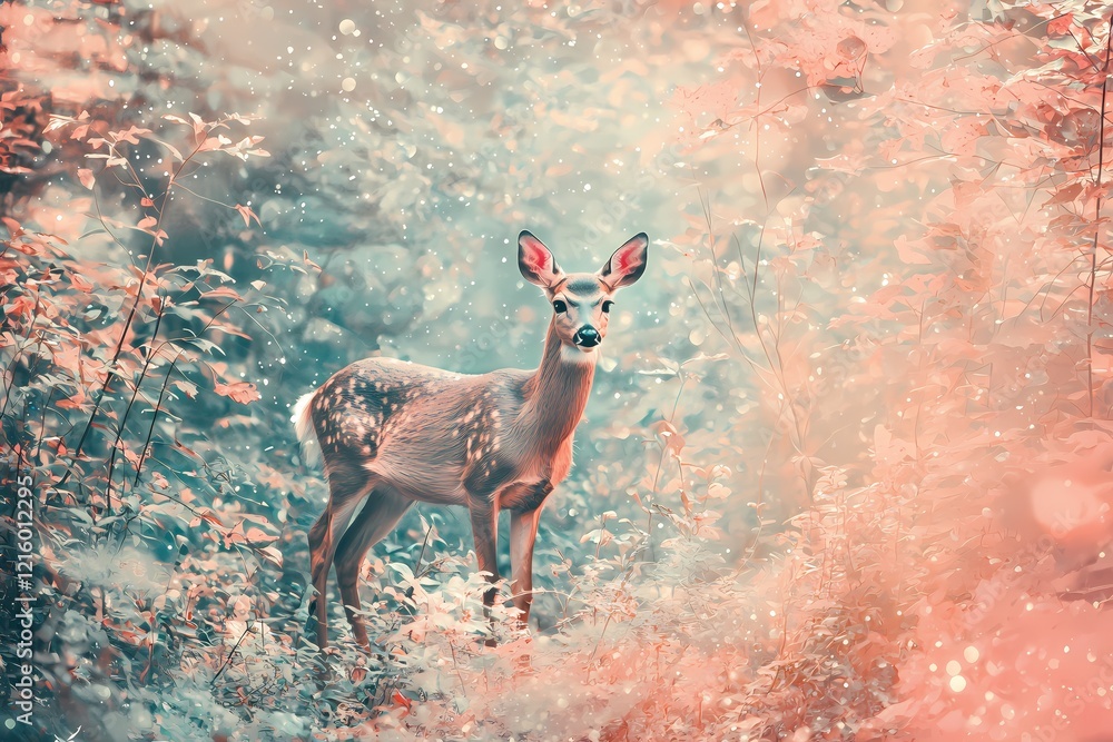 Aufkleber fawn in a whimsical forest with falling snow and soft pastel colors creating a magical scene
