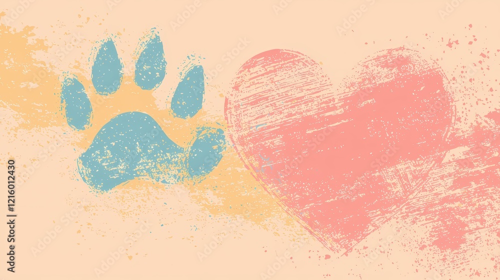 Aufkleber paw print and heart graphic design with distressed texture on a light beige background