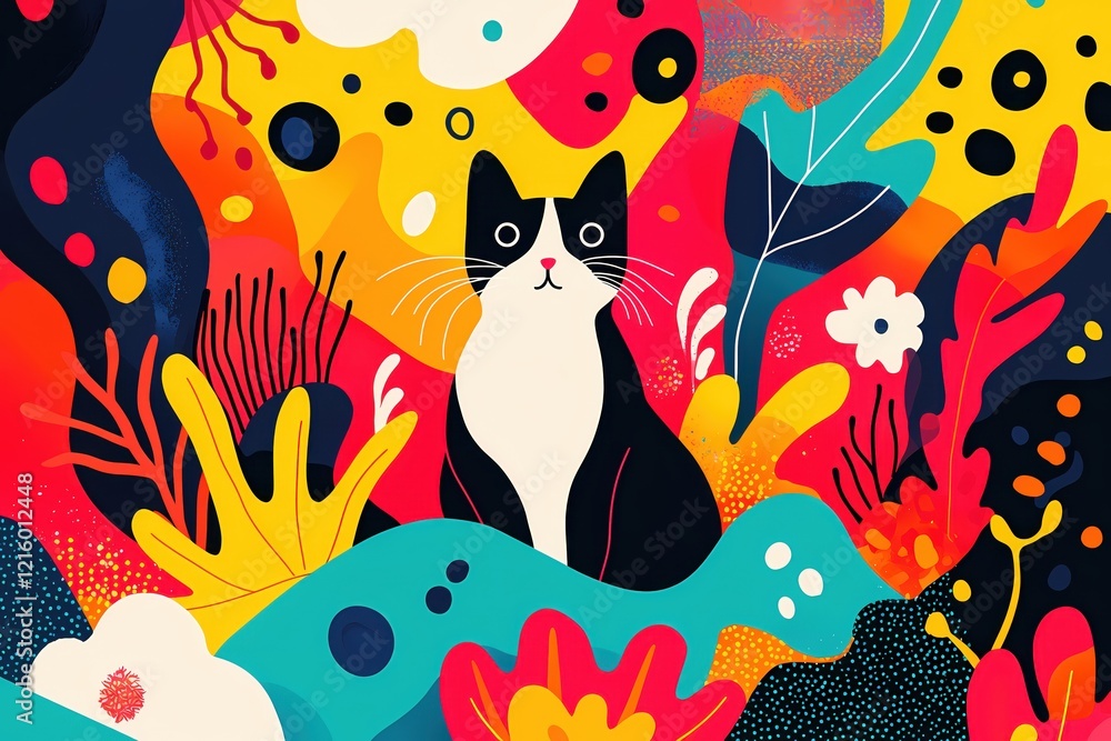 Poster Black and white cat with colorful abstract shapes in a playful vibrant artistic style