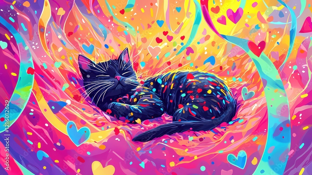 Aufkleber black cat rests on a colorful abstract background with hearts and confetti in a whimsical style