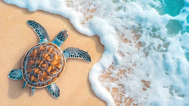 Sea turtle on sandy beach near ocean wave with white foam in summer day light