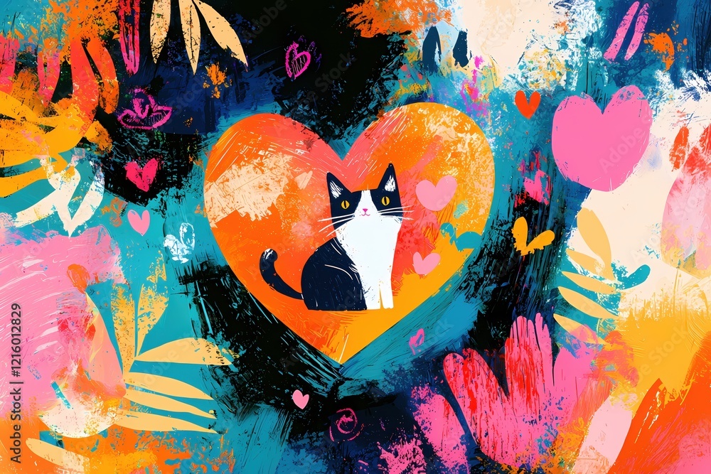 Poster abstract cat painting with heart shapes and vivid brushstrokes in a colorful background