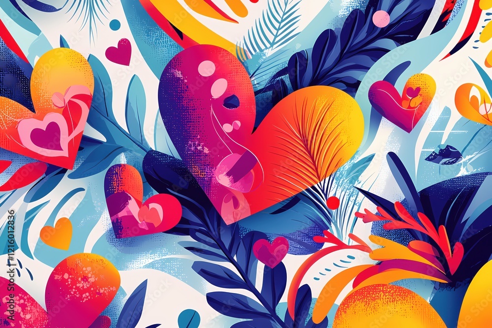 Poster hearts and leaves colorful abstract pattern with vibrant hues and organic shapes in a modern style